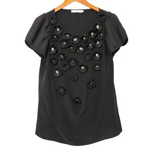 Anne Fontaine Short Sleeve Black Silk Blouse Applique Flowers Rhinestones Size 4